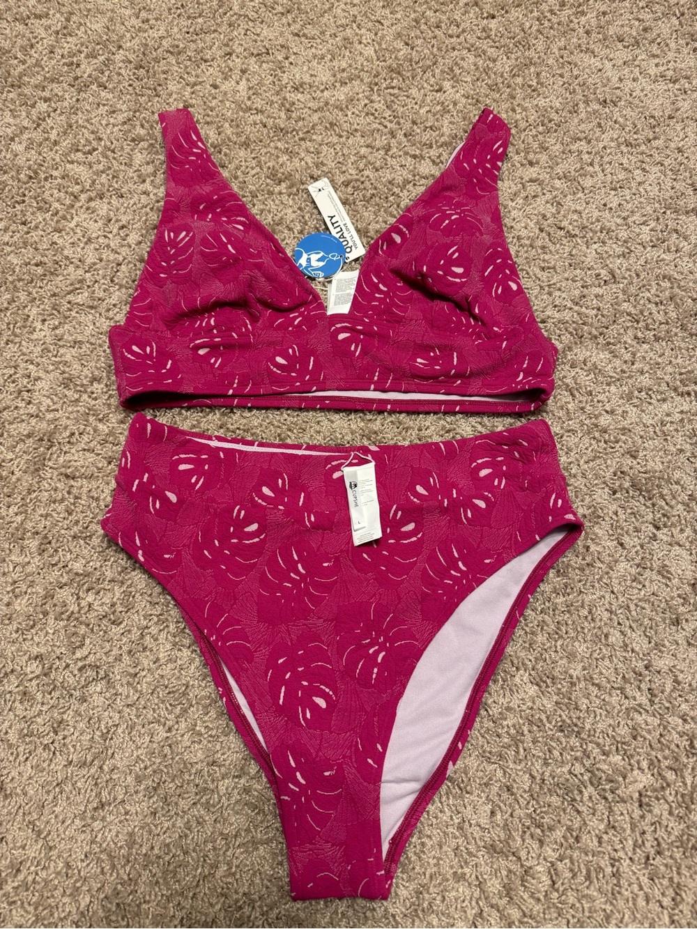 Fuchsia Textured Two-Piece Bikini Set Size Large Cupshe NWT